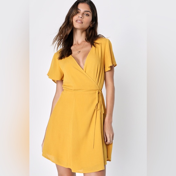 Lulus Mustard Yellow Wrap Dress Size M - Picture 6 of 14